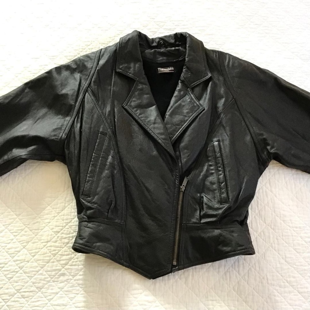 Vintage Wilsons Black Leather Moto Jacket Thinsulate Tie Up Back Biker Coat Sz S - Picture 4 of 10